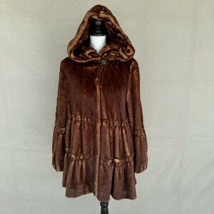 Jones New York Faux Fur Tiered Babydoll Hooded Coat Size Small